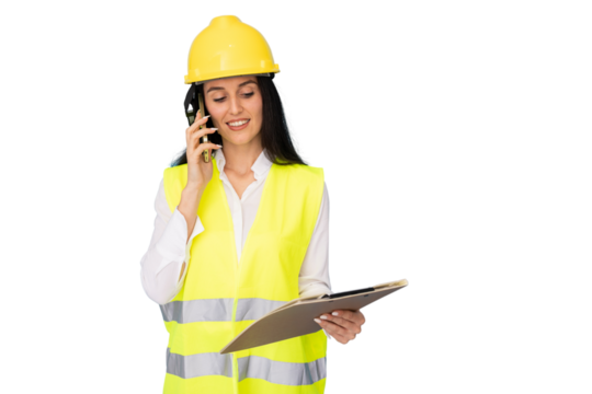 Female architect wearing safety vest, hardhat, smiling while talking on phone and holding clipboard against transparent background