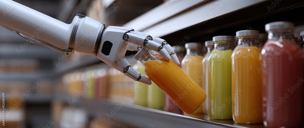 Poster robotic arm is skillfully selecting bottle of orange juice from shelf filled with various colorful b