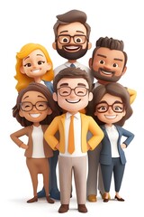 Happy team members cartoon illustration in 3D, white background, ideal for digital ads