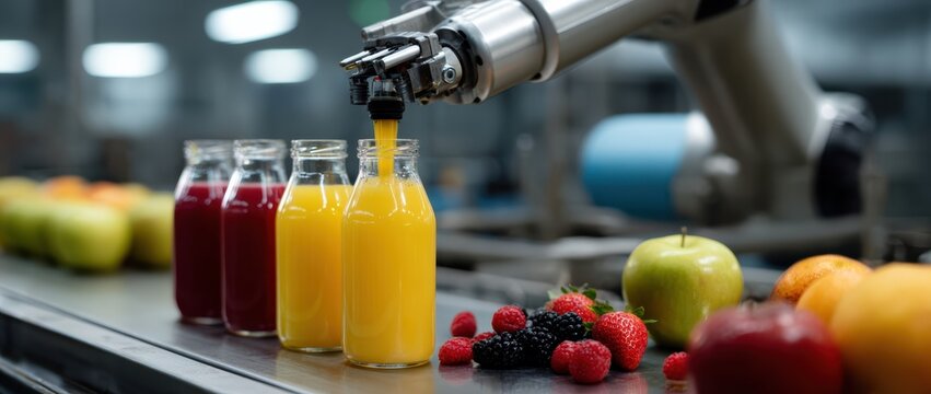 Robotic arm is filling bottles with colorful fruit juice modern production facility, showcasing efficiency and technology beverage manufacturing. scene is vibrant and dynamic, highlighting fresh