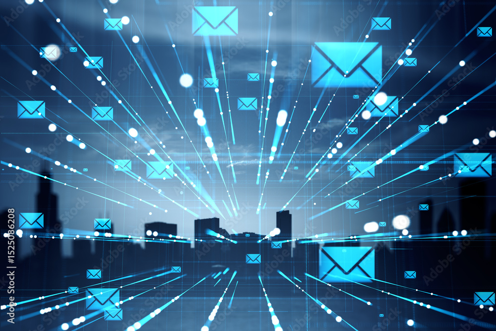 Poster digital email communication concept with glowing envelope icons and light trails over a city skyline