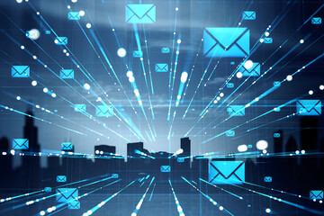 Digital email communication concept with glowing envelope icons and light trails over a city skyline in a modern blue tech-themed background.