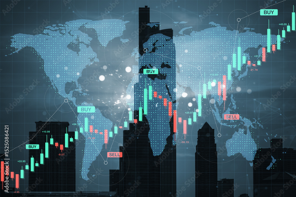 Aufkleber global forex market analysis with digital financial chart overlay on city skyline and world map in t