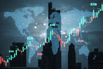 Global forex market analysis with digital financial chart overlay on city skyline and world map in technology-themed double exposure style.