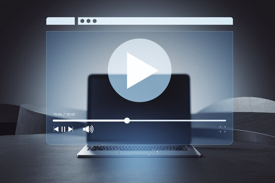Abstract video player interface overlay on laptop screen in modern background environment representing online streaming and digital content use. 3D Rendering