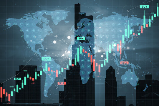 Global forex market analysis with digital financial chart overlay on city skyline and world map in technology-themed double exposure style. - Powered by Adobe