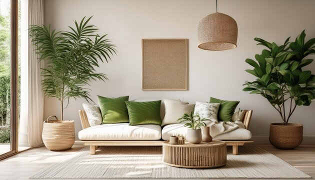 Wohnzimmer mit viel Wei&szlig; und nat&uuml;rlichen Materialien