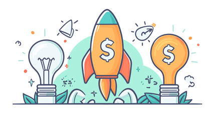 A set of flat vector cartoon startup launch icons featuring rocket briefcase lightbulb and dollar sign on white background no shading no gradient 