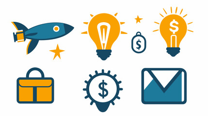 A set of flat vector cartoon startup launch icons featuring rocket briefcase lightbulb and dollar sign on white background no shading no gradient 