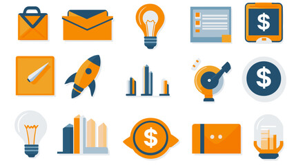 A set of flat vector cartoon startup launch icons featuring rocket briefcase lightbulb and dollar sign on white background no shading no gradient 