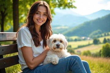 Junge Frau sitzt entspannt im Park mit kleinem weißen Hund auf ihrem Schoß im Sonnenschein