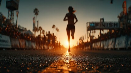 Fototapeta premium Runner Crossing the Finish Line at Sunset Silhouette of Athlete in Motion Sports Event Endur