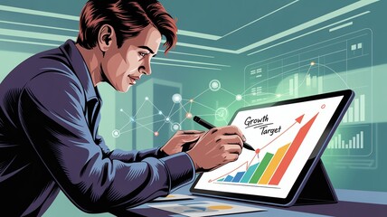 Businessman analyzing growth chart on digital tablet in modern office setting.