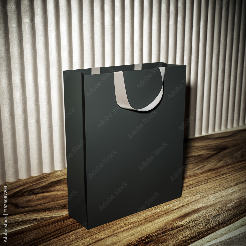 Poster minimalist black shopping bag mockup with white handles on wooden floor against vertical curtain bac