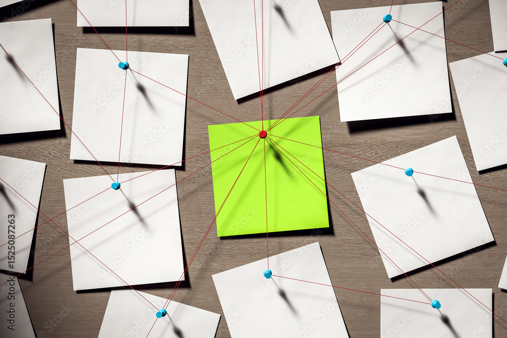 Poster Sticky notes connected with red strings on wooden wall background in detective investigation concept with central green note focus. 3D Rendering