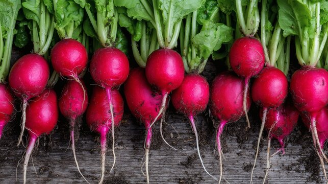 Harvested dirty radishes on wood, Fresh vegetables with soil, Ideal for organic farming, local market or gardening themes - Powered by Adobe