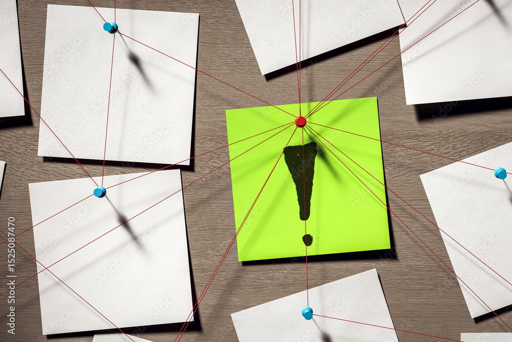 Fototapete Abstract detective investigation board with red string connections and exclamation symbol on green note pinned to wall background in office setup. 3D Rendering