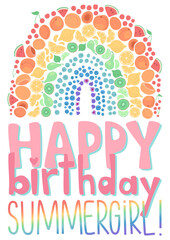 Bright anf cheerful greeting card with rainbow of fruits and hand drawn lettering text, congratulation 