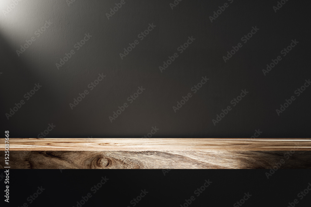 Poster wooden shelf with spotlight on dark wall background for product mockup and advertising presentation 