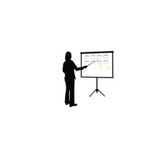 Flat silhouette of a person presenting on a board with a pointer on white background
