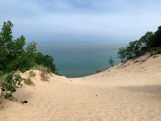 Wide Sand Dune Slope Leading to Lake Michigan Shoreline