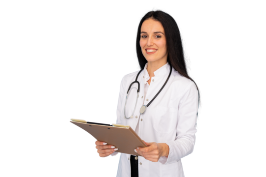 Female doctor wearing lab coat and stethoscope smiling and holding a clipboard on a transparent background