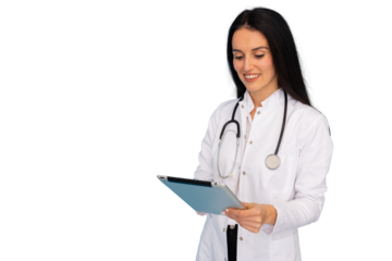 Female doctor wearing lab coat and stethoscope using digital tablet with transparent background