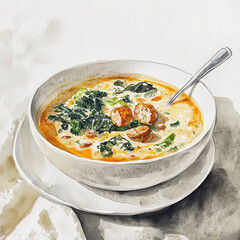 A cozy watercolor painting of a bowl of Zuppa Toscana, a creamy Italian soup with sausage, kale, and potatoes, served with a spoon on a white plate and napkin.