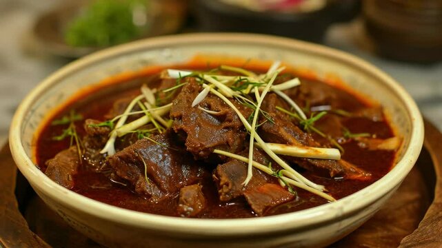 Close-up of a delicious beef curry in a clay pot. Aromatic spices are evident, highlighting the richness of the dish.