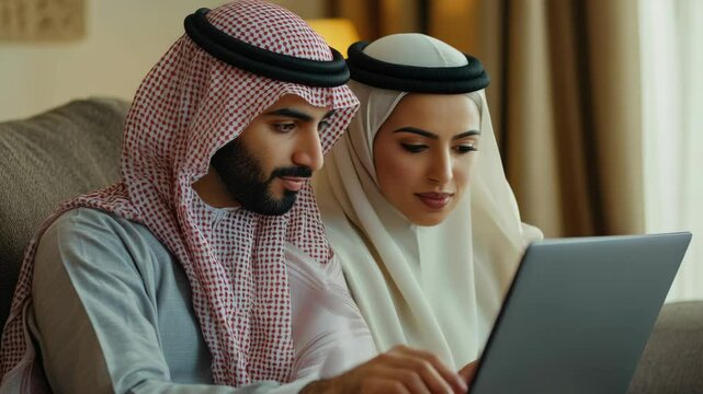 Middle eastern man and woman sitting together on sofa, focused on laptop screen, suggesting modern lifestyle or work collaboration.
