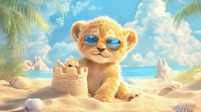 Adorable lion cub wearing sunglasses sits on a sunny beach by the ocean next to a sandcastle, enjoying sumer vacation and tropical holiday concept