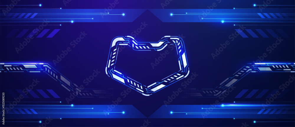 Poster blue futuristic tech background with glowing shield like hud frame and lines