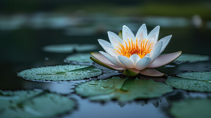 A serene water lily, its delicate petals unfurling like a lotus flower in the gentle breeze, dominates a minimalist backdrop, offering ample space for text and the concept of mindfulness 