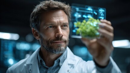 Focused Scientist Examining Plant Sample with Futuristic Holographic Interface in Advanced Laboratory Setting.  Genetic Engineering, Biotechnology Research.