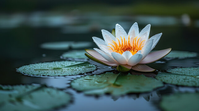 A serene water lily, its delicate petals unfurling like a lotus flower in the gentle breeze, dominates a minimalist backdrop, offering ample space for text and the concept of mindfulness 