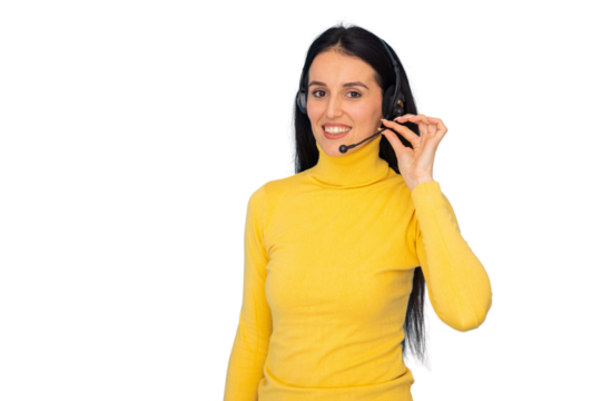 Female call center representative wearing headset, focusing on customer support with warm professional demeanor