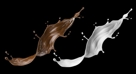 Milk and Chocolate splash, Milkshake and Cocoa pouring, include Clipping path, 3d illustration.