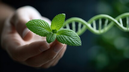 Genetic Engineering  Plant Science: A Hand Gently Holding a Sprig of Mint with a DNA Double Helix in the Background, Symbolizing the Future of Biotechnology and Agriculture.