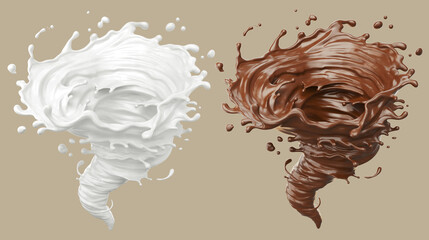 Milk and chocolate splash in the shape of a twister, include Clipping path, 3d illustration.