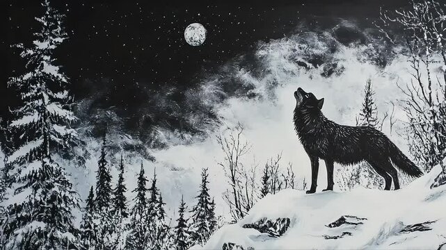 Black and white wolf howling at moon