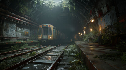 Abandoned subway tunnel in a post-apocalyptic world, flickering lights, overgrown with roots and rust