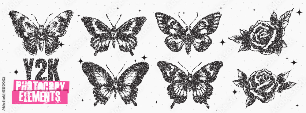 Poster stylized butterfly and rose graphics embodying y2k aesthetics for modern design projects