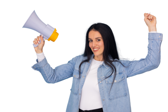 Enthusiastic female entrepreneur shouting through megaphone, expressing dynamic communication gesture against clean backdrop
