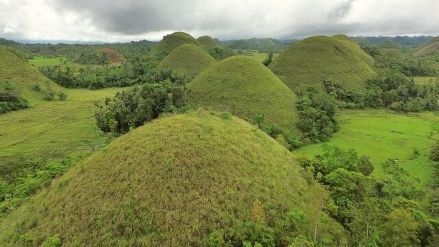 Aerial view of Chocolate hills - geological formation on Bohol island, Philippines, 4k