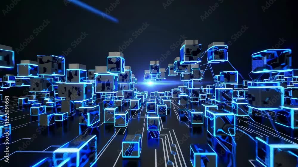 Poster digital landscape filled with interconnected blocks shining in blue light