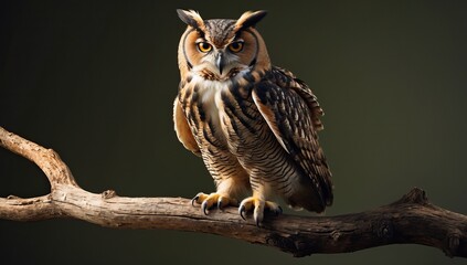 Obraz premium Owl with Bright Yellow Eyes Perched on a Branch Against a Dark Green Background