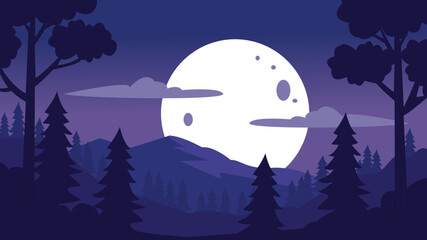 Vector illustration of a glowing full moon rising behind forest trees in a calm, magical night atmosphere