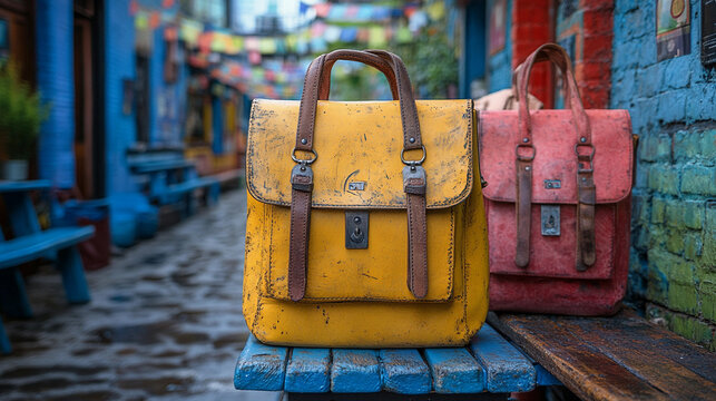 Colorful collection of vintage style backpacks arranged in yellow red and blue, showcasing trendy accessories for everyday use