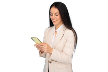 Smiling businesswoman using a smartphone, showcasing modern communication in a professional setting with a transparent background