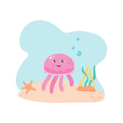 Cute jellyfish swims in the sea underwater. Poster with jellyfish on white background. Character in children's style. Flat Vector illustration. 